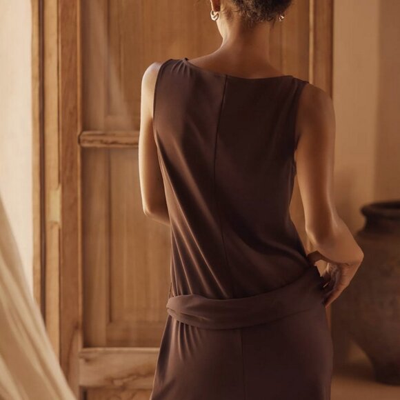 NWT By Anthropologie Short-Sleeve Belted Sash Mini Dress in Dark Brown XS & XL - Picture 3 of 10